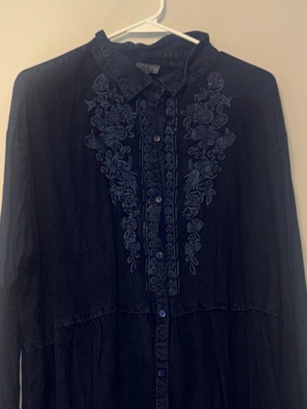 Chic Connection Long Sleeve Embroidered Tunic Top Size 2X Navy Blue Boho Peasant